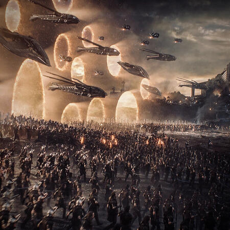 avengers: endgame still. armies from across the mcu pour through several massive portals on the ground and in the air, preparing to charge at thanos.